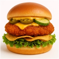 Malse kipburger (125 gr.) van 100% kipfilet op een luxe broodje met cheddar, sla, komkommer, Jalapeño pepers, nacho's en een zoet-pittige kerriemayonaise.