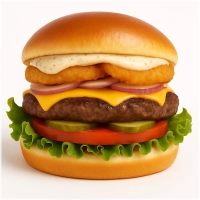 100% rundvlees burger (125 gr.) op een luxe broodje met cheddar, gebakken uienringen, sla, tomaat, augurk en truffel mayonaise.