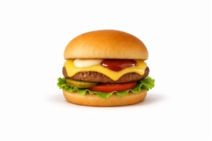 Rundvlees burger (100 gr.) op een zacht bolletje met mayo, curry, sla, tomaat, augurk en gesmolten kaas