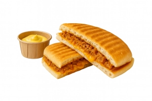 Lichtpittig gemarineerde pulled chicken en gesmolten cheddar op warm turks brood met een bakje kerriemayo