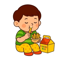 Kleine friet, snack, drank en een lolly