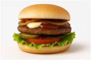 Rundvlees burger (100 gr.) op een zacht bolletje met mayo, curry, sla, tomaat, augurk en gebakken ui