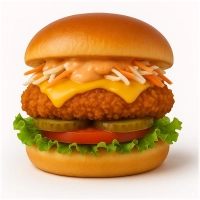 Malse chicken burger (125 gr.) van 100% kipfilet op een luxe broodje met cheddar, sla, coleslaw, tomaat, augurk en westersaus