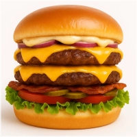 Dubbele 100% rundvlees burger (100 gr.) op een luxe broodje met twee plakjes cheddar, gebakken bacon(kip), gebakken ui, sla, tomaat, augurk en signature burgersaus.