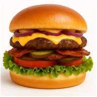 100% rundvlees burger (100 gr.) op een luxe broodje met cheddar, gebakken bacon(kip), gebakken ui, sla, tomaat, augurk en signature burgersaus.