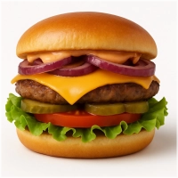 100% rundvlees burger (125 gr.) op een luxe broodje met cheddar, gebakken ui, sla, tomaat, augurk en westersaus