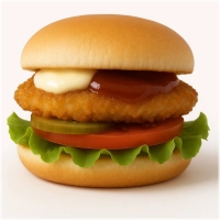 Crispy chicken burger op een zacht bolletje met mayo, curry, sla, tomaat en augurk