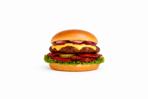 100% rundvlees burger (100 gr.) op een luxe broodje met cheddar, gebakken bacon(kip), gebakken ui, sla, tomaat, augurk en signature burgersaus.
