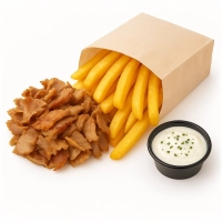 Bakje met vlees naar keuze, één persoons friet en één saus naar keuze.