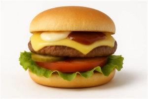 Rundvlees burger (100 gr.) op een zacht bolletje met mayo, curry, sla, tomaat, augurk en gesmolten kaas