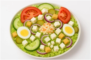 Gemengde maaltijdsalade met feta, ei, croutons en een lichte dressing