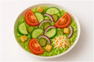 Gemengde maaltijdsalade van sla, ui, coleslaw, tomaat, komkommer, augurk en een lichte dressing